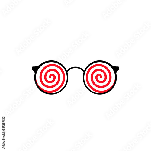 Round glasses with red spiral circles. Fun accessory for parties and pranks with stylish lenses and plastic vector frames