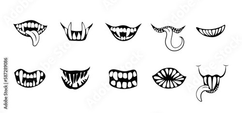Terrible smiles and grins of monsters set. Angry creature joy with sharp teeth and ferocious vampiric grin for halloween and demonic vector design