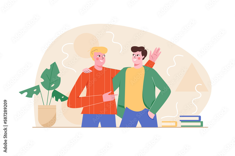 Happy people orange concept with people scene in the flat cartoon style. Two friend tell each other funny stories and have fun together. Happy people orange concept with people scene in the flat cartoon style. Two friend tell each other funny stories and have fun together.