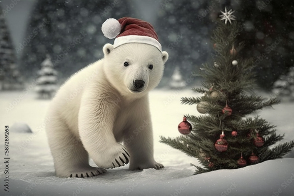Fototapeta premium Generative AI of a Christmas card with a polar bear wearing a Santa hat. 