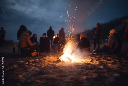  Generative Ai of a bonfire with blurred people having fun. 