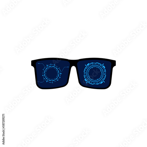 Digital futuristic glasses. Black cyber accessories with blue techno charts and circles on lenses with scan and spy vector hack