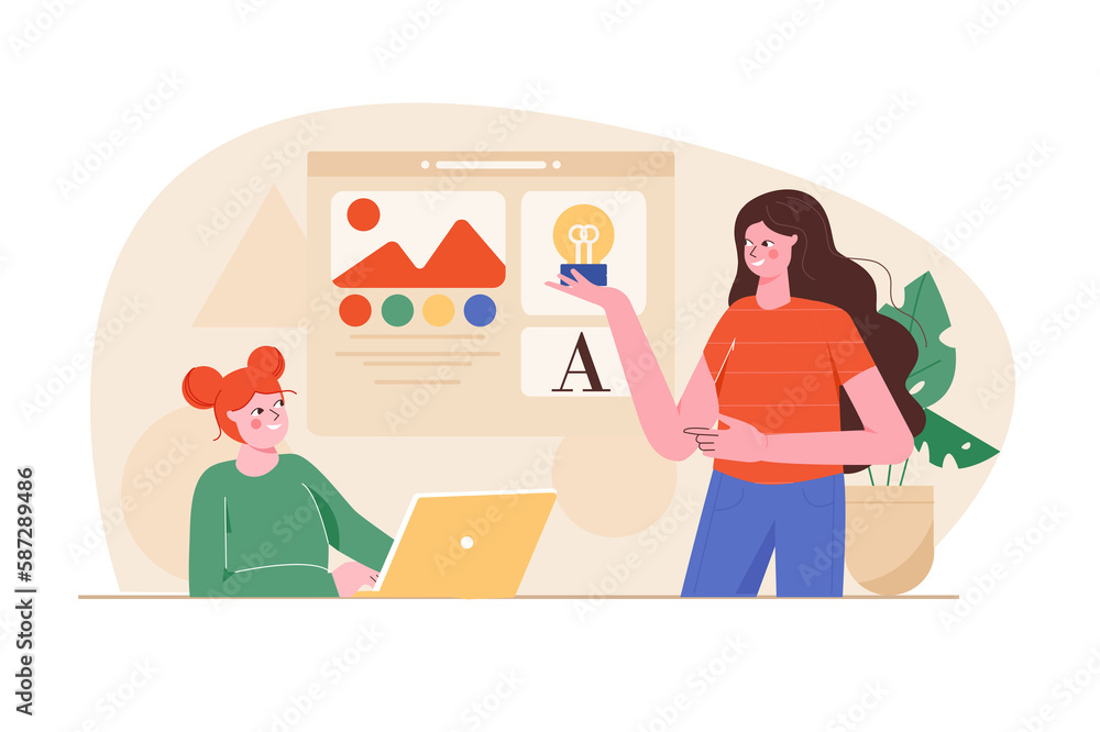 Orange concept Design studio with people scene in the flat cartoon style. Creative designers discuss concept of new web site. Orange concept Design studio with people scene in the flat cartoon style. Creative designers discuss concept of new web site.