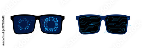 Cyber futuristic glasses. Black techno accessories with blue digital charts and circles on lenses with scan and spy vector hack