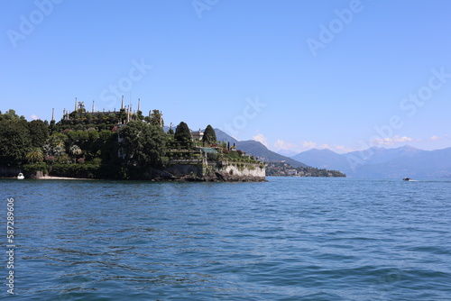 Scenic view of Lake Maggiore and the island of Isola Bella. Beautiful Italian landscape.
