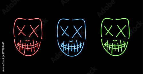 Neon zombie mask set. Creepy green character with red cross eyes and sewn mouth with blue fangs for halloween and vector party