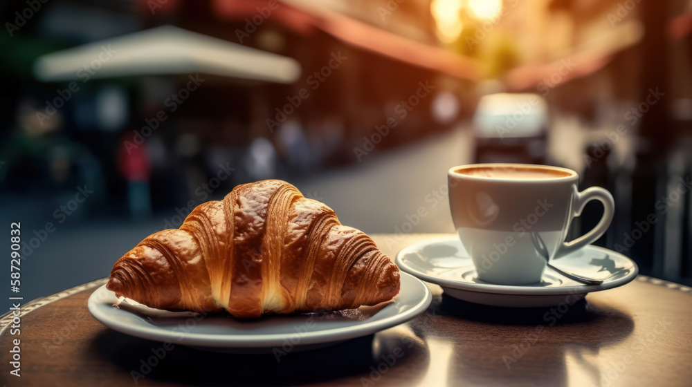 Petit déjeuner parisien, café crème et croissants sur la table d'un bistrot typique au petit matin Petit déjeuner parisien, café crème et croissants sur la table d'un bistrot typique au petit matin
