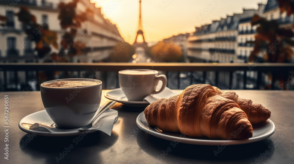 Petit déjeuner parisien, café crème et croissants sur la table d'un bistrot  typique au petit matin Stock Photo | Adobe Stock