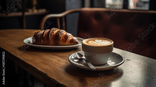 Fotografia Petit déjeuner parisien, café crème et croissants sur la table d'un bistrot typi