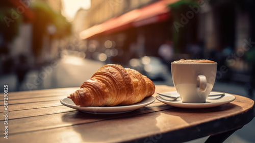 Petit d  jeuner parisien  caf   cr  me et croissants sur la table d un bistrot typique au petit matin