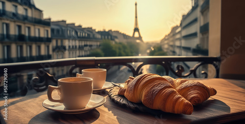 Foto Petit déjeuner parisien, café crème et croissants sur la table d'un bistrot typi