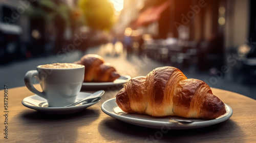 Tableau sur toile Petit déjeuner parisien, café crème et croissants sur la table d'un bistrot typi