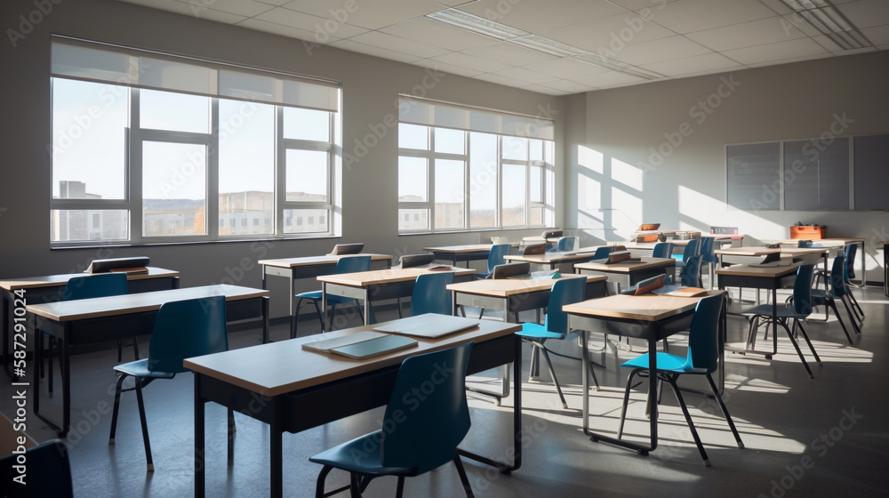 well organized classroom with rows of desks and chairs AI generated illustration