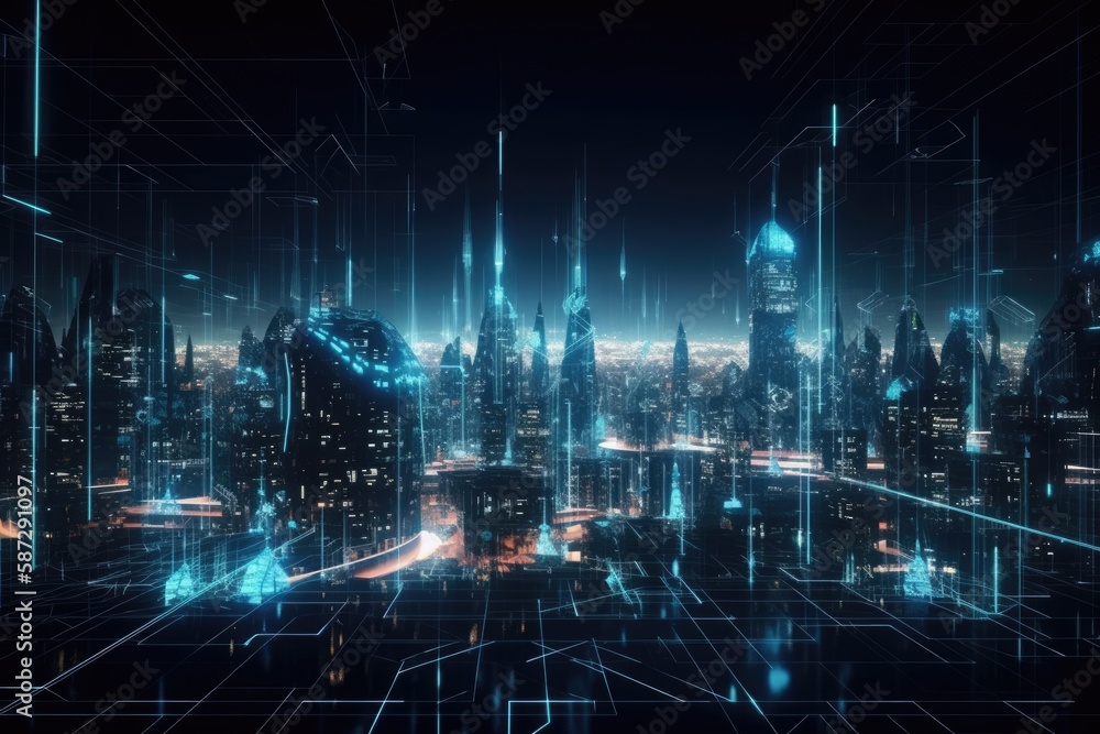 futuristic city with vibrant neon lights illuminating the skyline. Generative AI futuristic city with vibrant neon lights illuminating the skyline. Generative AI