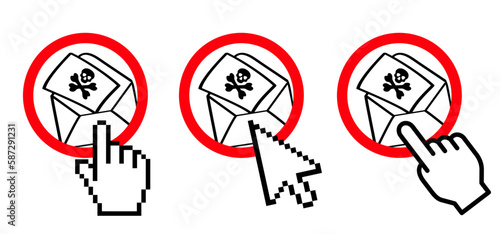 Stop spam email. No mail in the mailbox. Computer crime.  Concept of virus, piracy, hacking and security, for stealing data. Envelope with spam. Spamming mailbox. Computer hacker, cyber security.