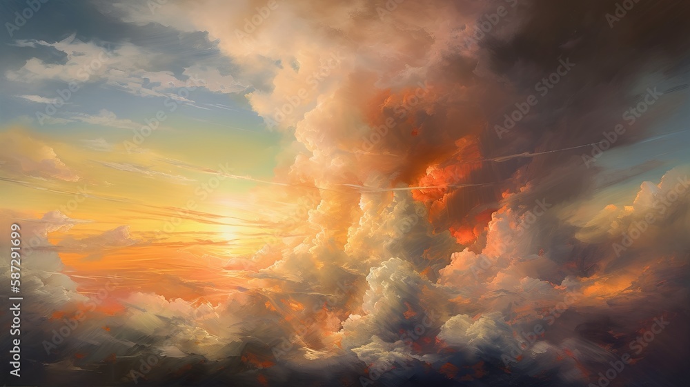 Oil painting cinematic vivid clouds masterpiece landscape background illustration with Generative AI