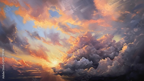 Oil painting cinematic vivid clouds masterpiece landscape background illustration with Generative AI © YandiDesigns