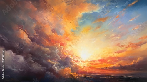 Oil painting cinematic vivid clouds masterpiece landscape background illustration with Generative AI © YandiDesigns