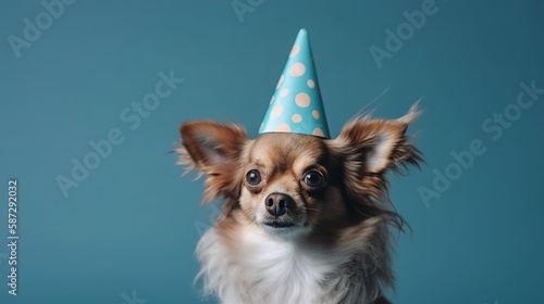 Dog on a blue background, Dog celebrating birthday photo