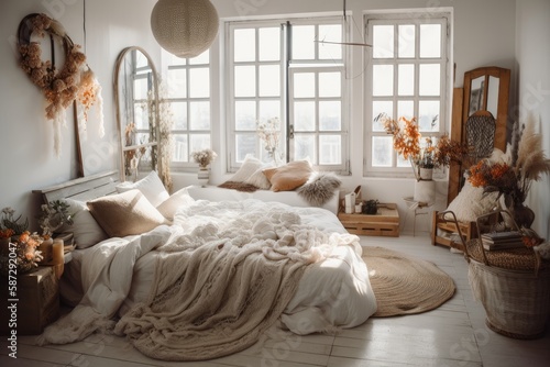 White boho bedroom with dry floral bouquets and wreath. Generative AI