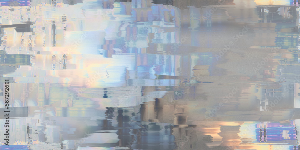 Seamless iridescent silver holographic chrome foil vaporwave background glitch distortion texture. Trendy pearlescent melt effect pattern. Retro 80s cyberpunk or webpunk abstract concept 3D rendering.