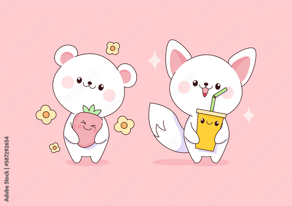 Kawaii cat and polar bear on pink background Kawaii cat and polar bear on pink background