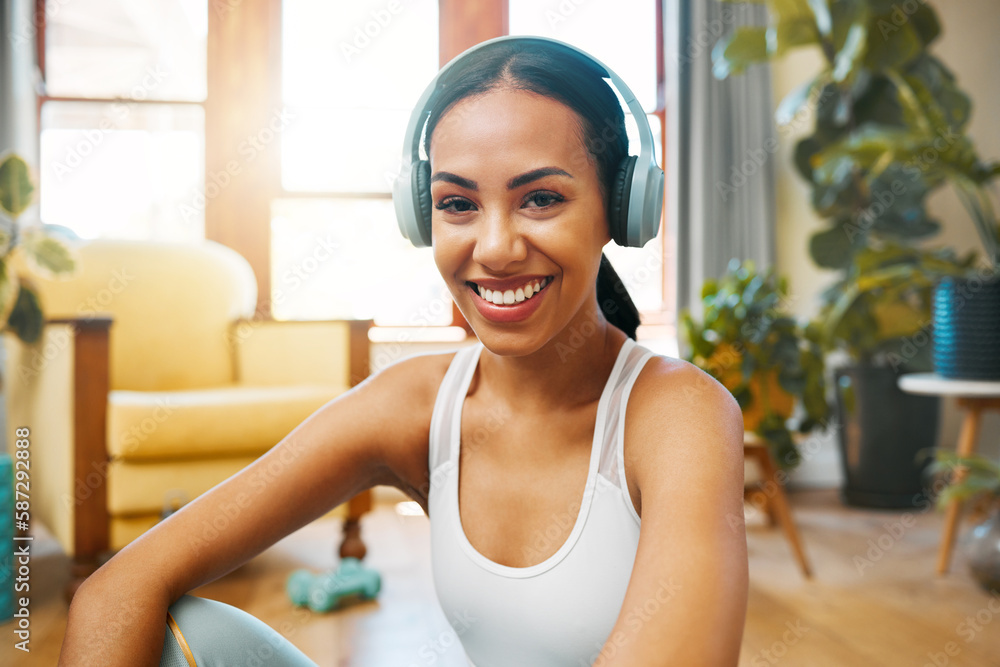 Fitness, headphones or portrait of happy girl in yoga for body flexibility, wellness or healthy lifestyle. Smile, music or zen woman ready for exercise, workout or training in house exercising studio Fitness, headphones or portrait of happy girl in yoga for body flexibility, wellness or healthy lifestyle. Smile, music or zen woman ready for exercise, workout or training in house exercising studio