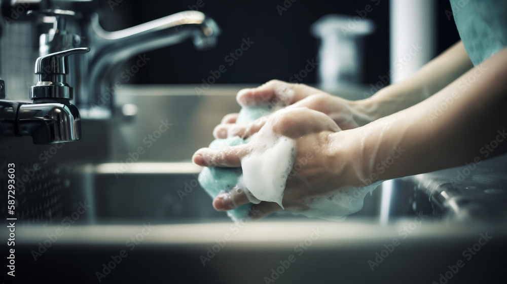 People washing hands. Hygienic cleaning. Hand cleaning. Doctors or people entering and leaving the operating room wash their hands. Generative AI.