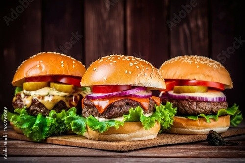 A close-up of three burgers packed with beef cheese and vegetables on top of an old wooden cut board. AI-generated images