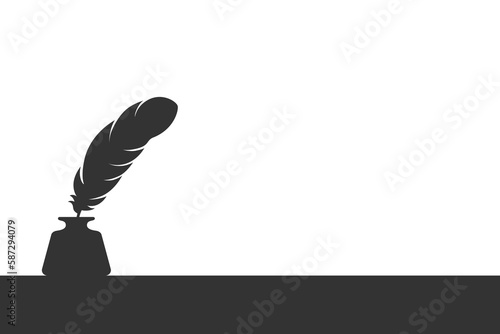 Inkwell and feather graphic silhouette. Ink feather with inkwell on the black flat surface. Literature background with  blank space. Vector illustration