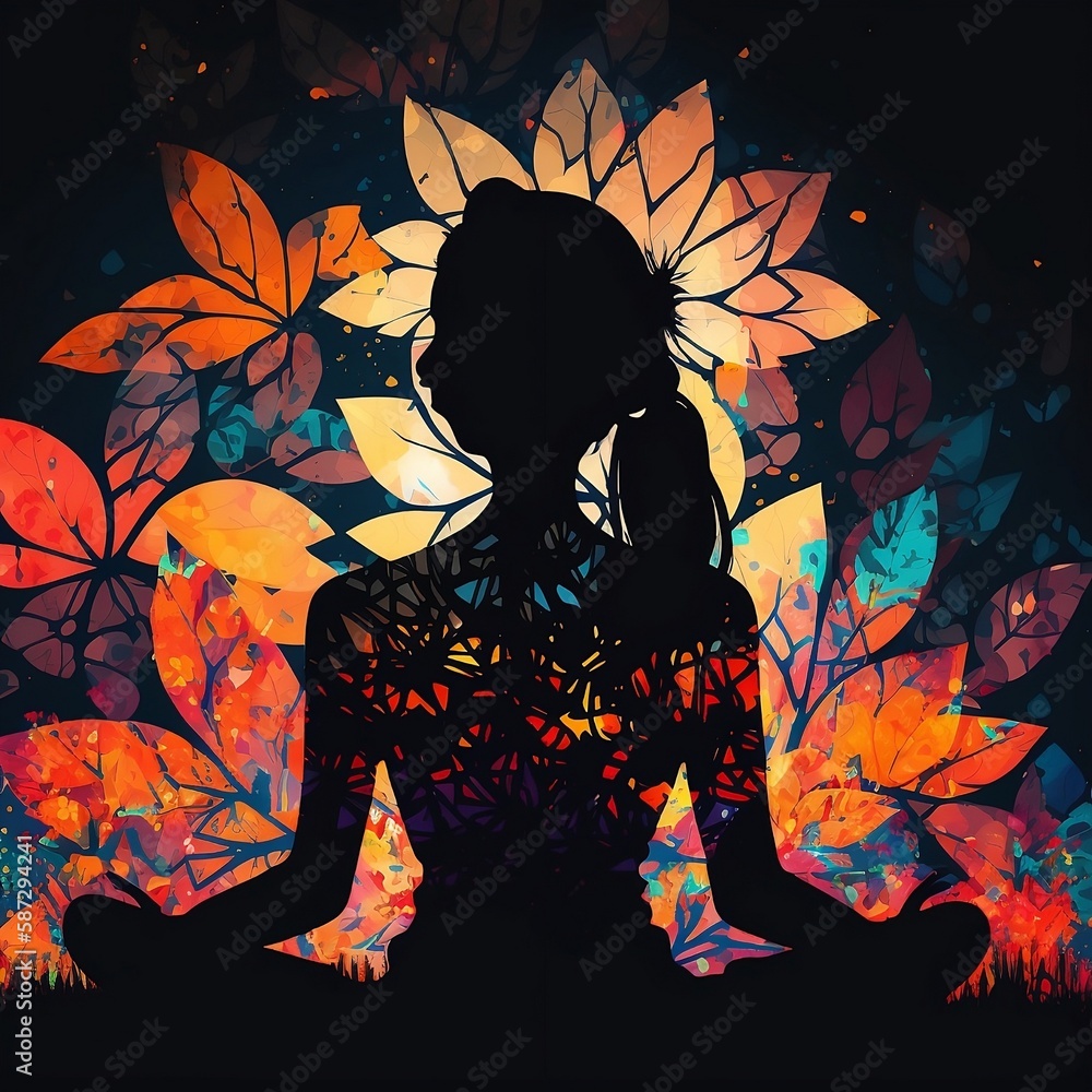 Silhouette of girl in Lotus position, positive energy abstract background. Created using generative AI.