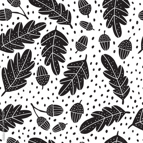 Acorns black and white seamless pattern linocut scandistyle photo