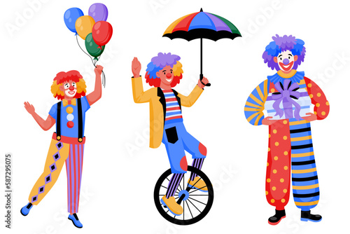 Circus clowns set. Vector illustration of jokers in carnival costumes. Amusement park or birthday party design elements