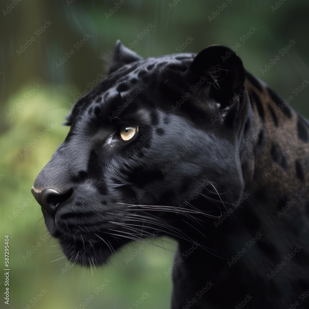 Generative AI Portrait of a black jaguar in the forest