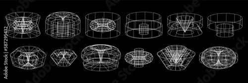 Geometry wireframe shapes. 3D abstract shapes. 00s Y2k retro futuristic aesthetic.