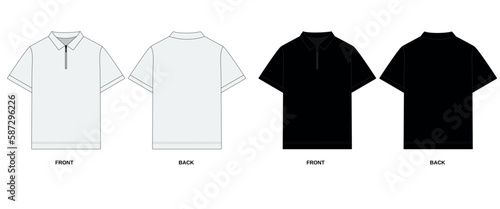 Collection of vector drawings of polo shirts with zipper, front and back view. Outline T-shirt template with collar, short sleeve. Sketch of a men's polo shirt with a zipper, white, black colors. photo