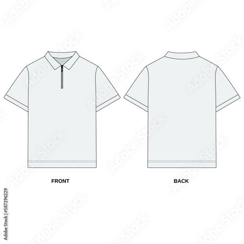 Vector drawing of a polo shirt with a zipper, front and back view. Outline T-shirt template with collar, short sleeve. Sketch of a white men's polo shirt with a zipper, vector.