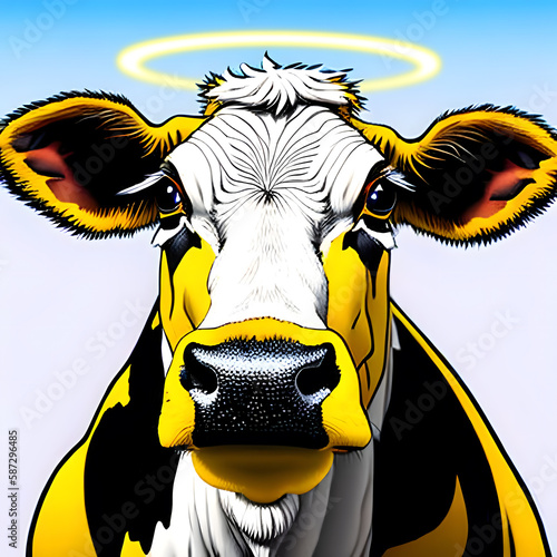 Holy Cow - Yellow cow with nimbus. Generative AI