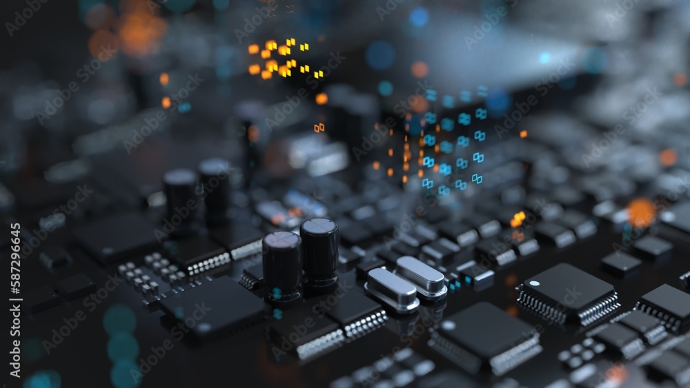 chips and electronic components on a printed circuit board chips and electronic components on a printed circuit board