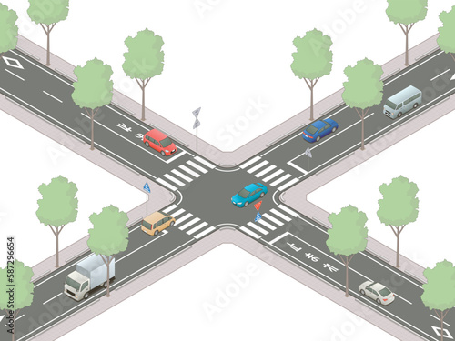 アイソメトリック図法で描いた一時停止のある交差点のイメージA / Japanese crossroads. Isometric illustration