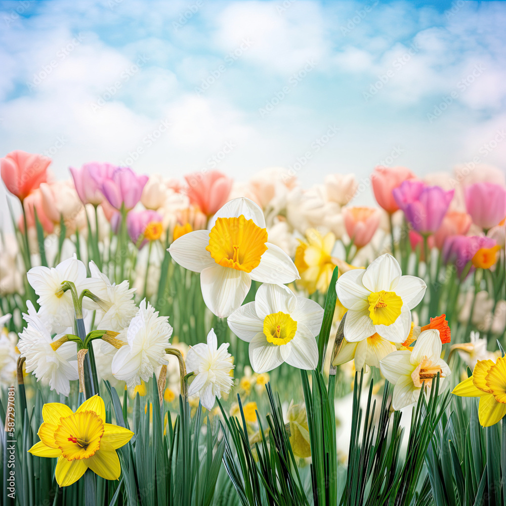 Spring flowers in a field, created with Generative AI Spring flowers in a field, created with Generative AI