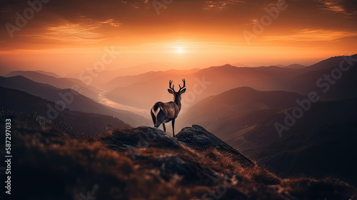 Deer on a mountaintop looking at the sunset created with Generative AI