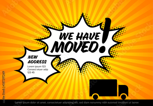 We are moving minimalistic flyer template with comic bubble