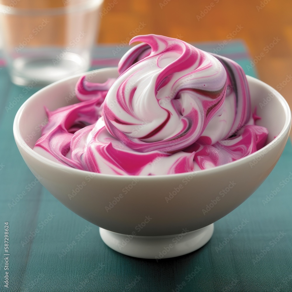 Generative AI image of sweet frozen yogurt served in white ceramic bowl on table Generative AI image of sweet frozen yogurt served in white ceramic bowl on table