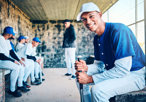 Baseball player, dugout and portrait of a black man with sports team and smile in stadium. Exercise, fitness and training motivation of a softball group at sport game feeling relax from solidarity photo