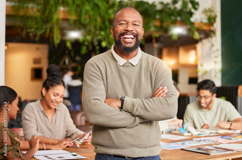 Black man, portrait smile and arms crossed in meeting for leadership, teamwork or brainstorming at office. Happy businessman, leader or coach smiling in management for team planning and collaboration