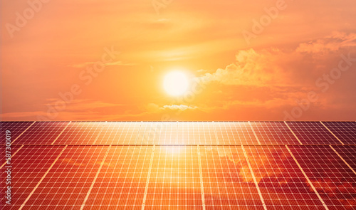 Sun reflection on solar panel. renewable energy. renewable energy to businesses, homes and smart city. new generation of power. clean and environmental friendly