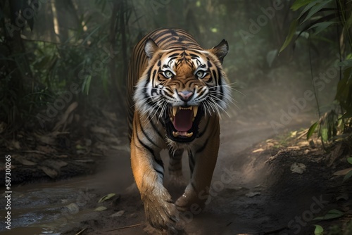 Wild tiger charging at the camera in tropical forest  Tiger attacking cameraman  Generative AI