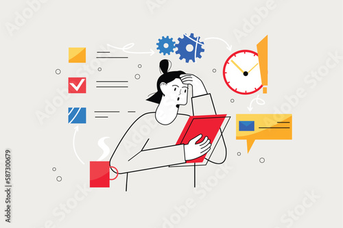 Deadline line concept with people scene in the flat cartoon design. Woman checks the list of tasks that she needs to do before the deadline.