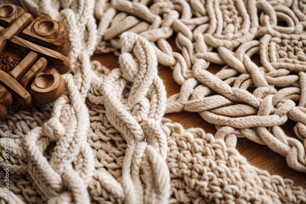 Handmade macrame texture closeup. Homemade knitting natural decoration. Flatlay. Generative AI
